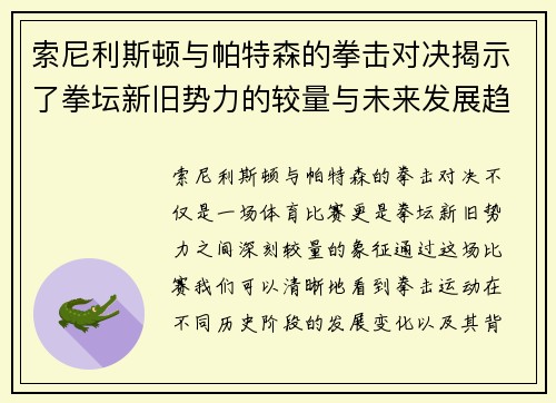 索尼利斯顿与帕特森的拳击对决揭示了拳坛新旧势力的较量与未来发展趋势